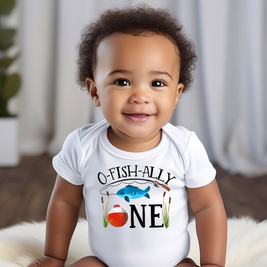 Flat lay of O-Fish-Ally fishing themed first birthday baby bodysuit