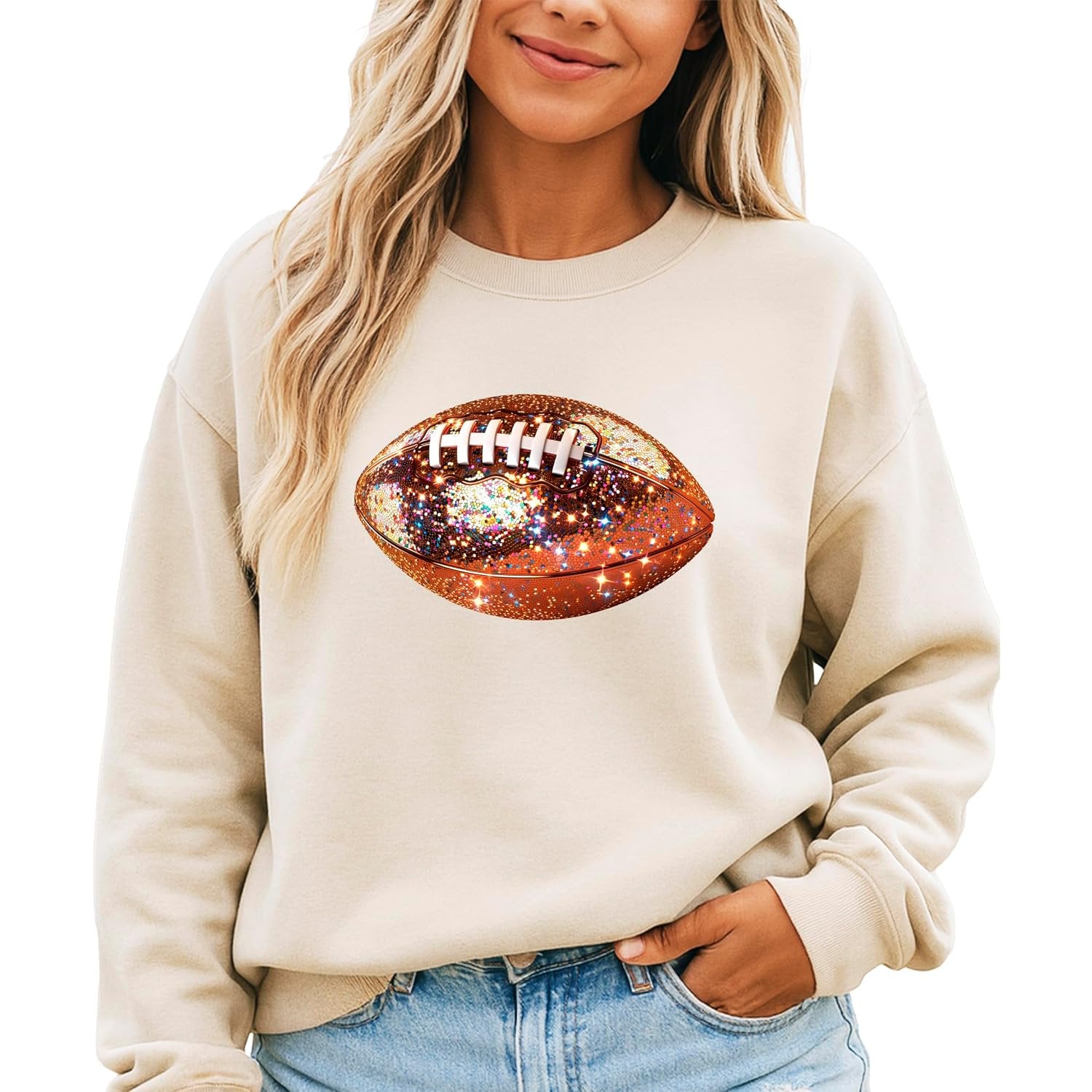 Women's game day pullover sweatshirt with sparkle football print laid flat