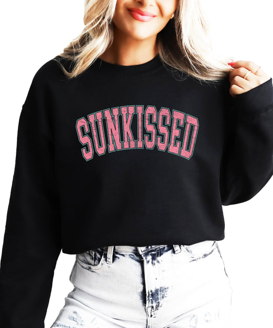 Close-up view of Sunkissed sweatshirt showing detailed print quality and fabric texture