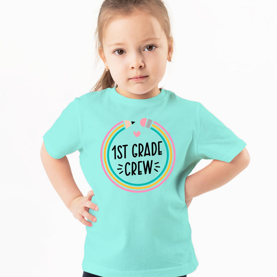 Youth back to school pencil shirt front view with bright graphic print