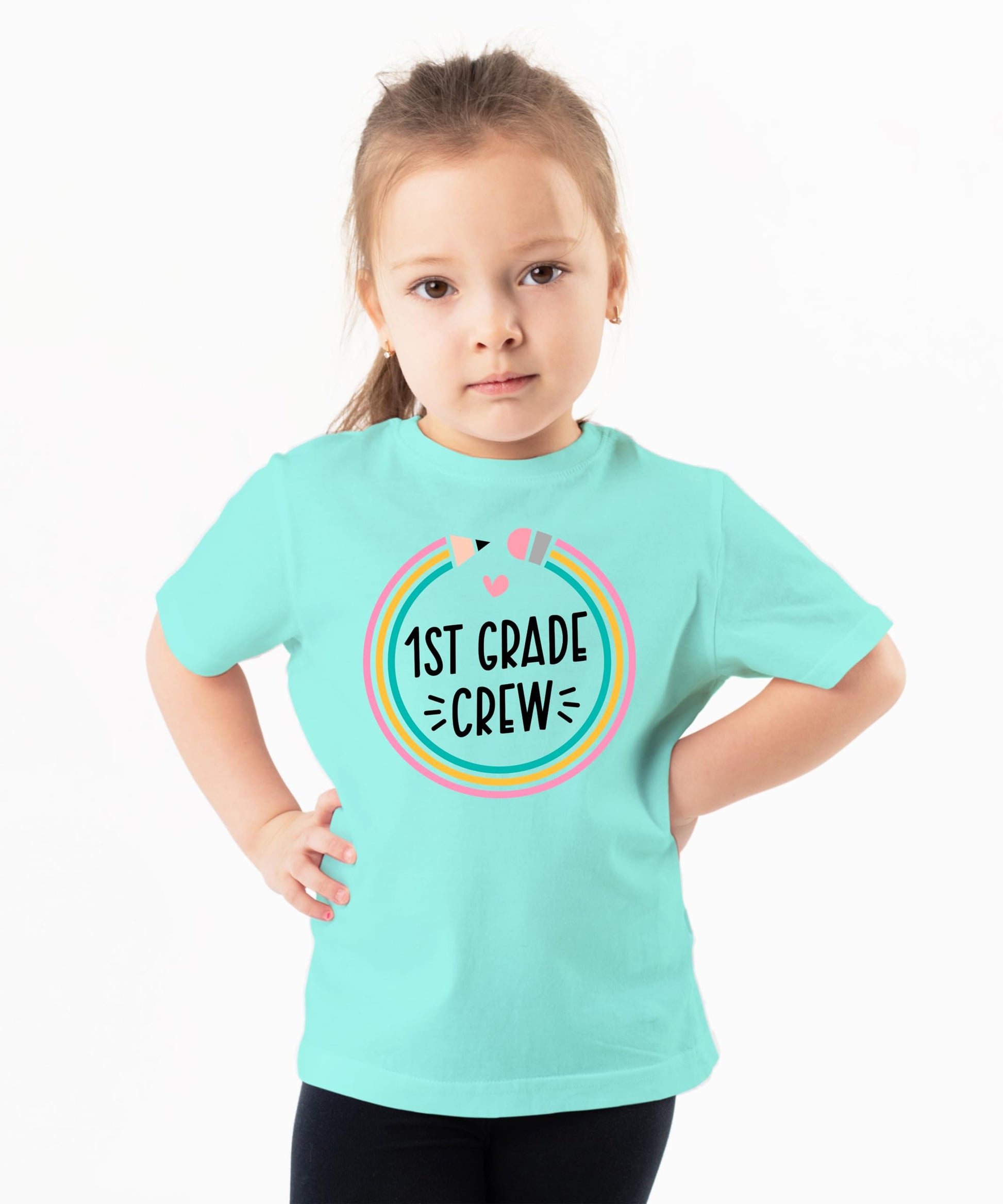 Youth back to school pencil shirt front view with bright graphic print