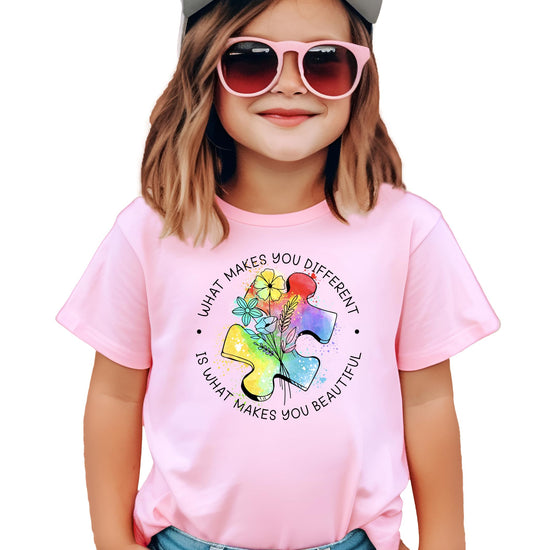 Side view of pink autism awareness shirt displaying fit and style