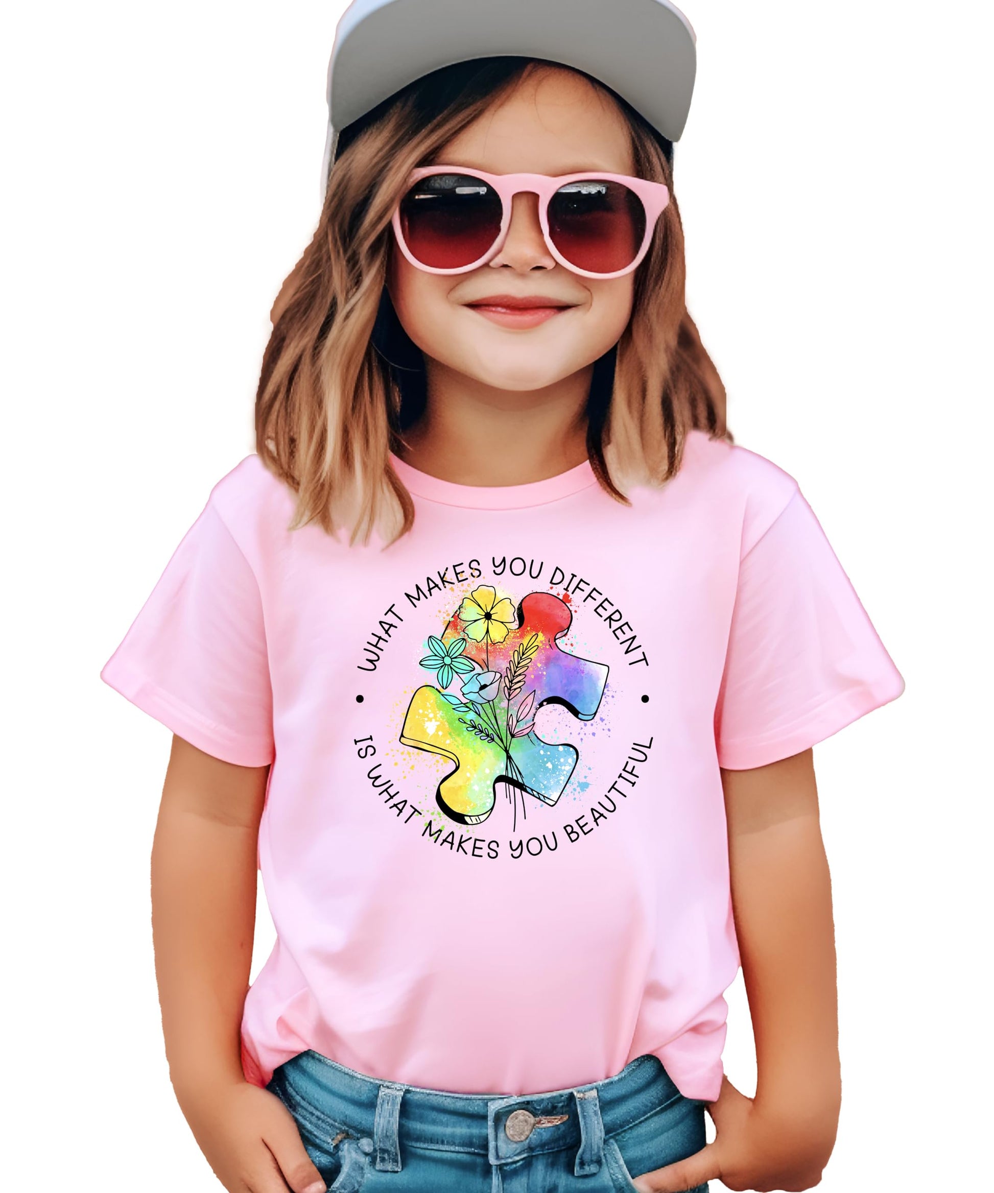 Side view of pink autism awareness shirt displaying fit and style