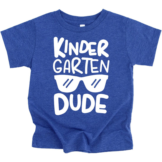Boys back to school shirt with sunglasses graphic laid flat, royal blue kindergarten dude tee