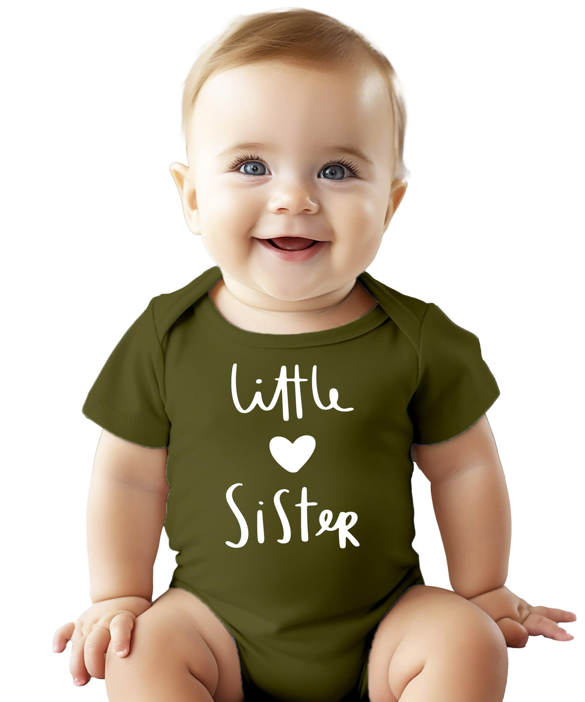 Close-up of Little Sister heart print on soft white baby bodysuit in mauve colorway