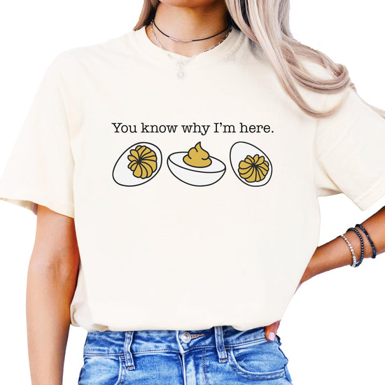 You Know Why I'm Here deviled egg graphic t-shirt in espresso brown color