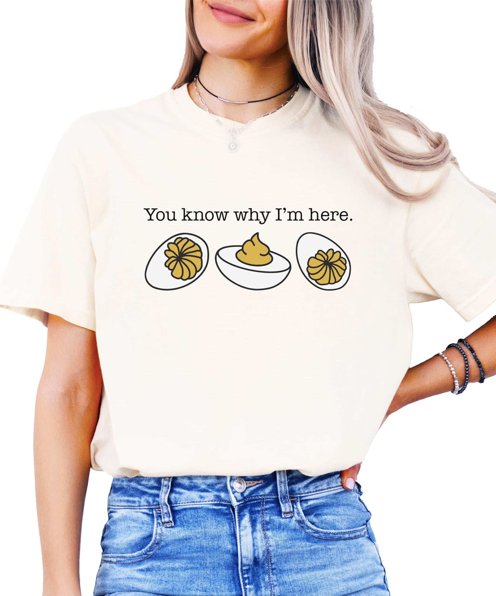 You Know Why I'm Here deviled egg graphic t-shirt in espresso brown color