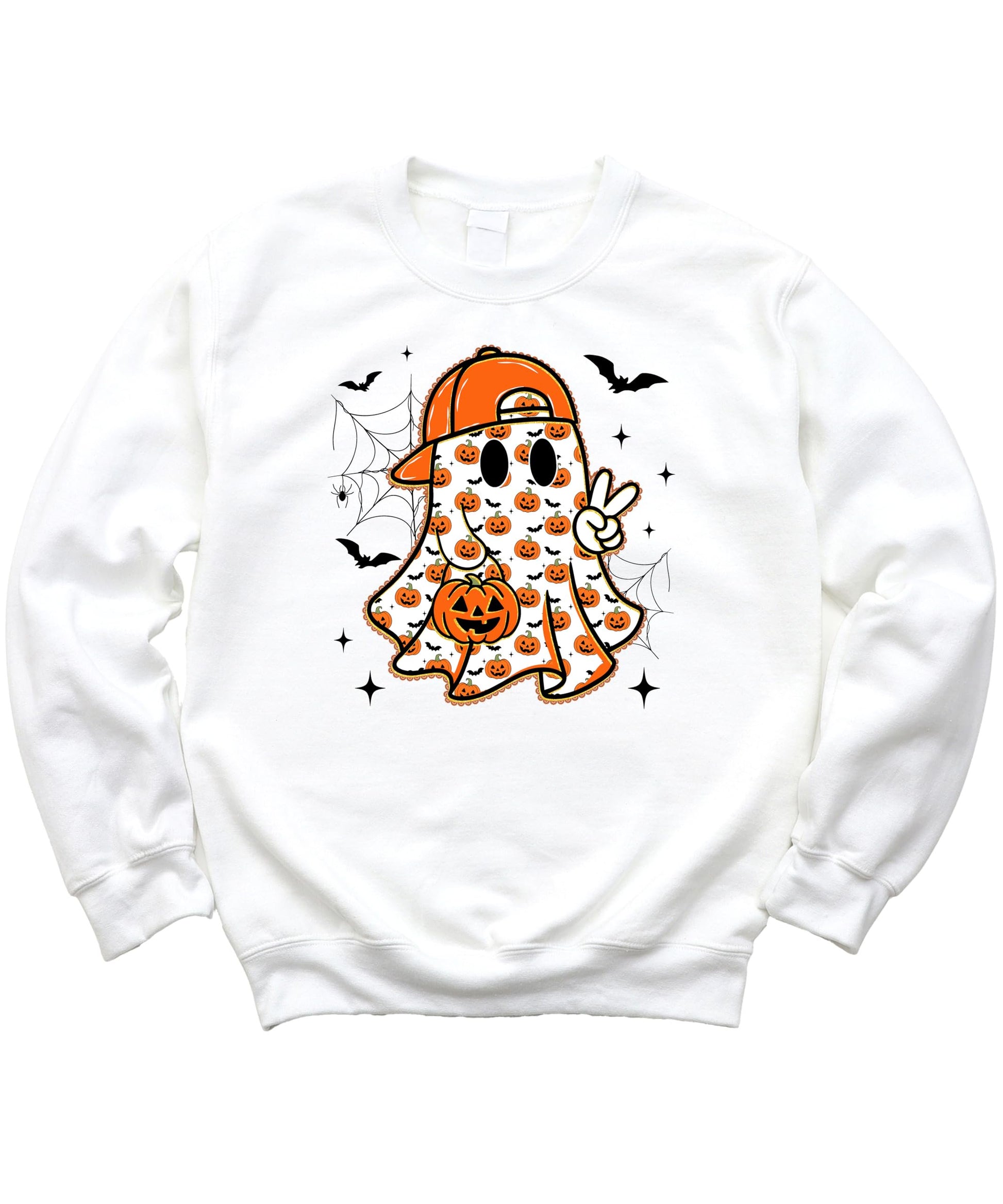 Close-up of ghost graphic on boys white fall sweatshirt showing pumpkin baseball cap and jack-o-lantern detail