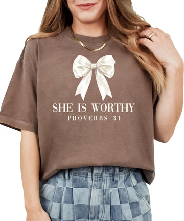 She is Worthy Proverbs 31 Shirt for Women & Teens Christian Coquette Bow Bible Verse Tee Espresso Shirt Adult Small