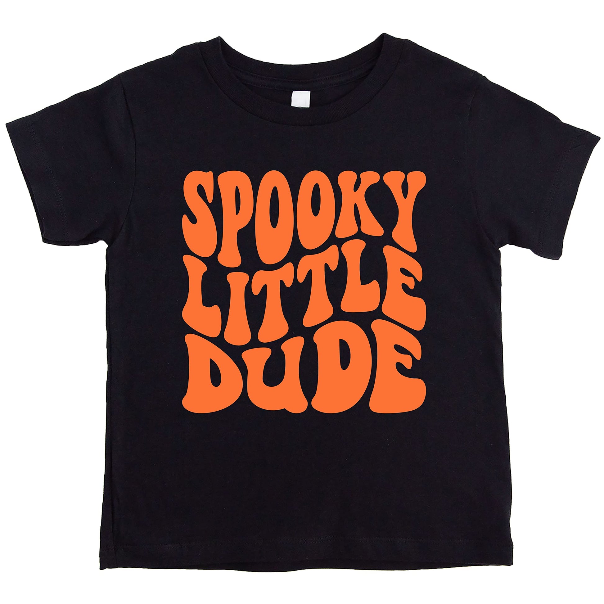 Vintage burgundy toddler Halloween tee with retro wavy 'Spooky Little Dude' graphic lettering