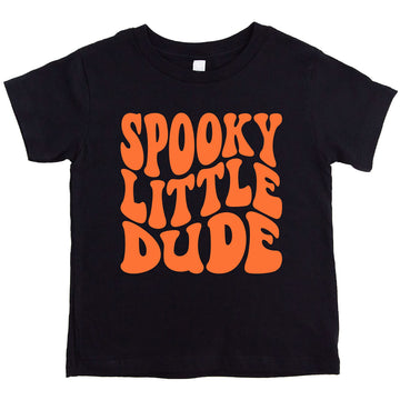 Vintage burgundy toddler Halloween tee with retro wavy 'Spooky Little Dude' graphic lettering