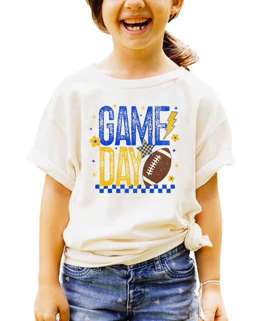 Trendy Game Day T-Shirt for Women, Youth and Toddlers Blue and Yellow Sports Game Day Tee Natural Shirt Adult X-Large