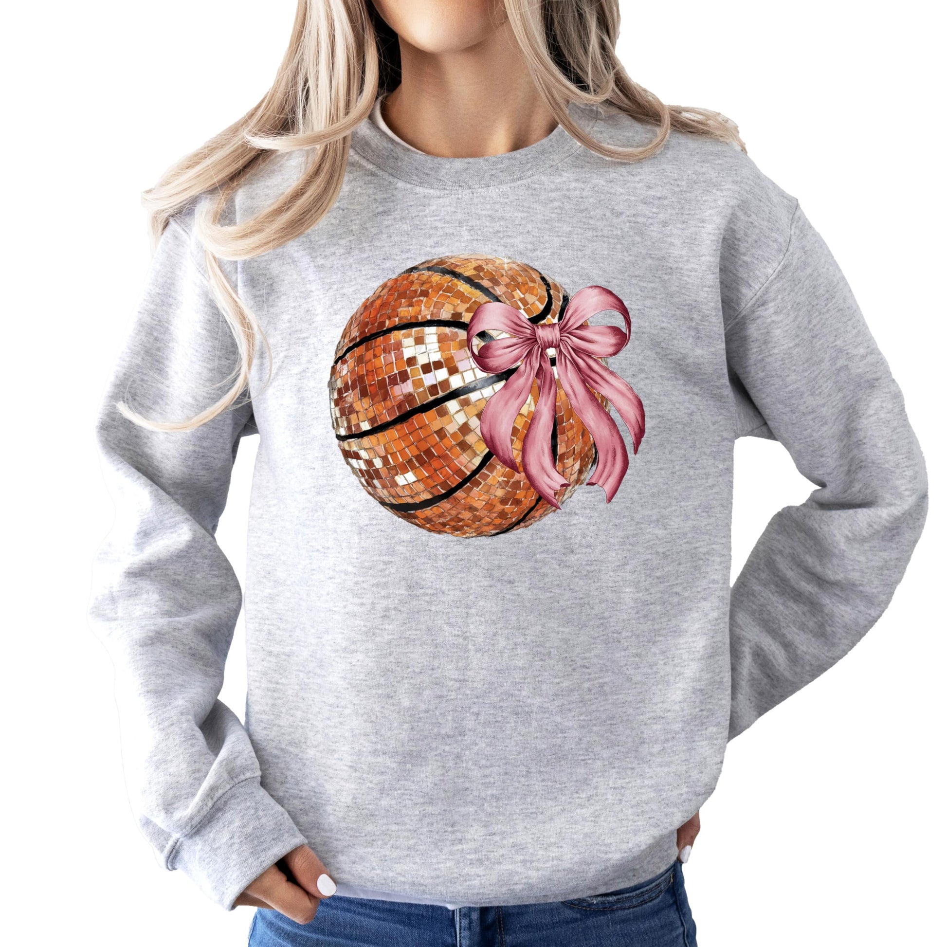 Women's gray pullover sweatshirt with a disco basketball and pink coquette bow graphic printed on the front
