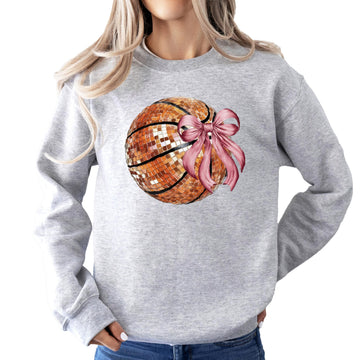 Women's gray pullover sweatshirt with a disco basketball and pink coquette bow graphic printed on the front
