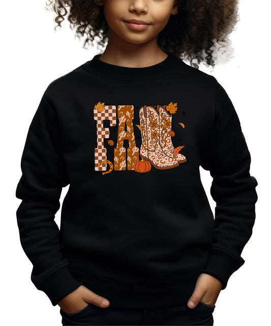 Olive Loves Apple Fall Cowboy Boots Sweatshirt Autumn Leaves, Checkered and Cactus Pattern Crewneck for Women, Teens & Kids