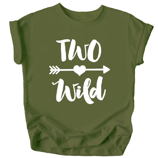 Toddler girl wearing Two Wild 2nd birthday shirt in mauve, full outfit view