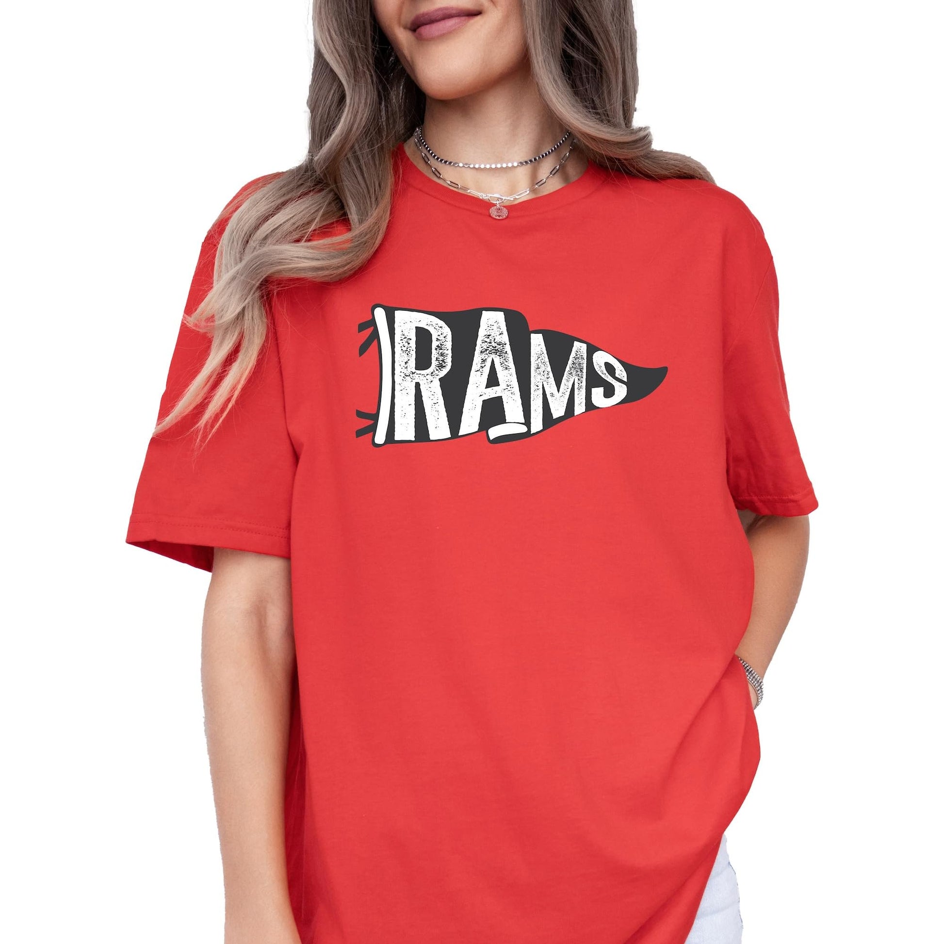 Model wearing vintage green Rams unisex sports team t-shirt, front view
