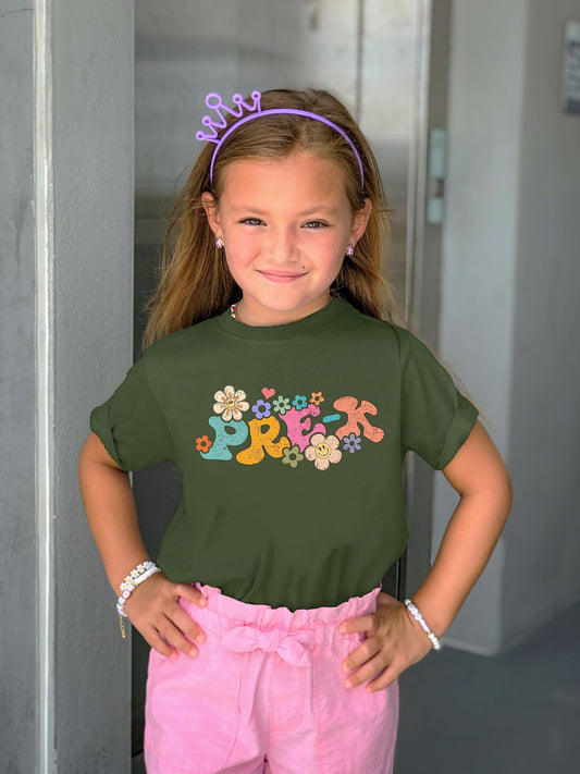 Detail shot of Pre-K first day of school shirt print quality
