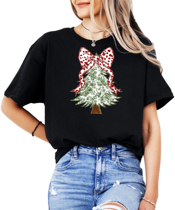 Faux Glitter Green Floral Christmas Tree with Red Dots Bow Shirt for Women Teens and Girls