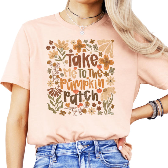 Flat lay of pumpkin patch graphic tee displaying full shirt design and fit