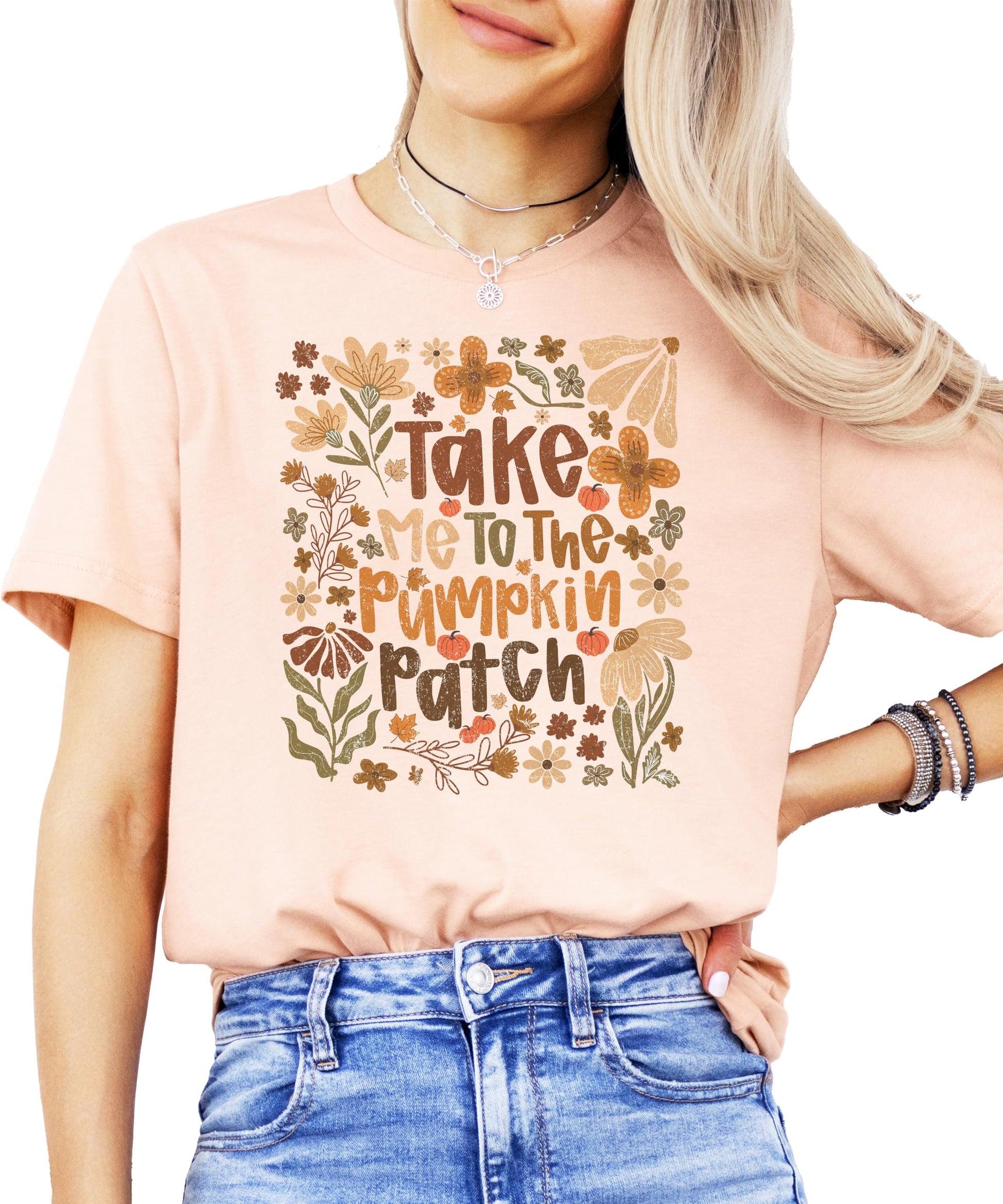 Flat lay of pumpkin patch graphic tee displaying full shirt design and fit