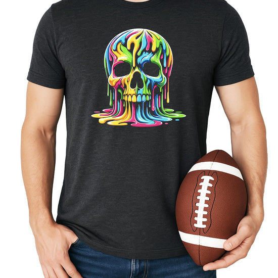 Side or alternate view of colorful melting skull men's graphic tee in black