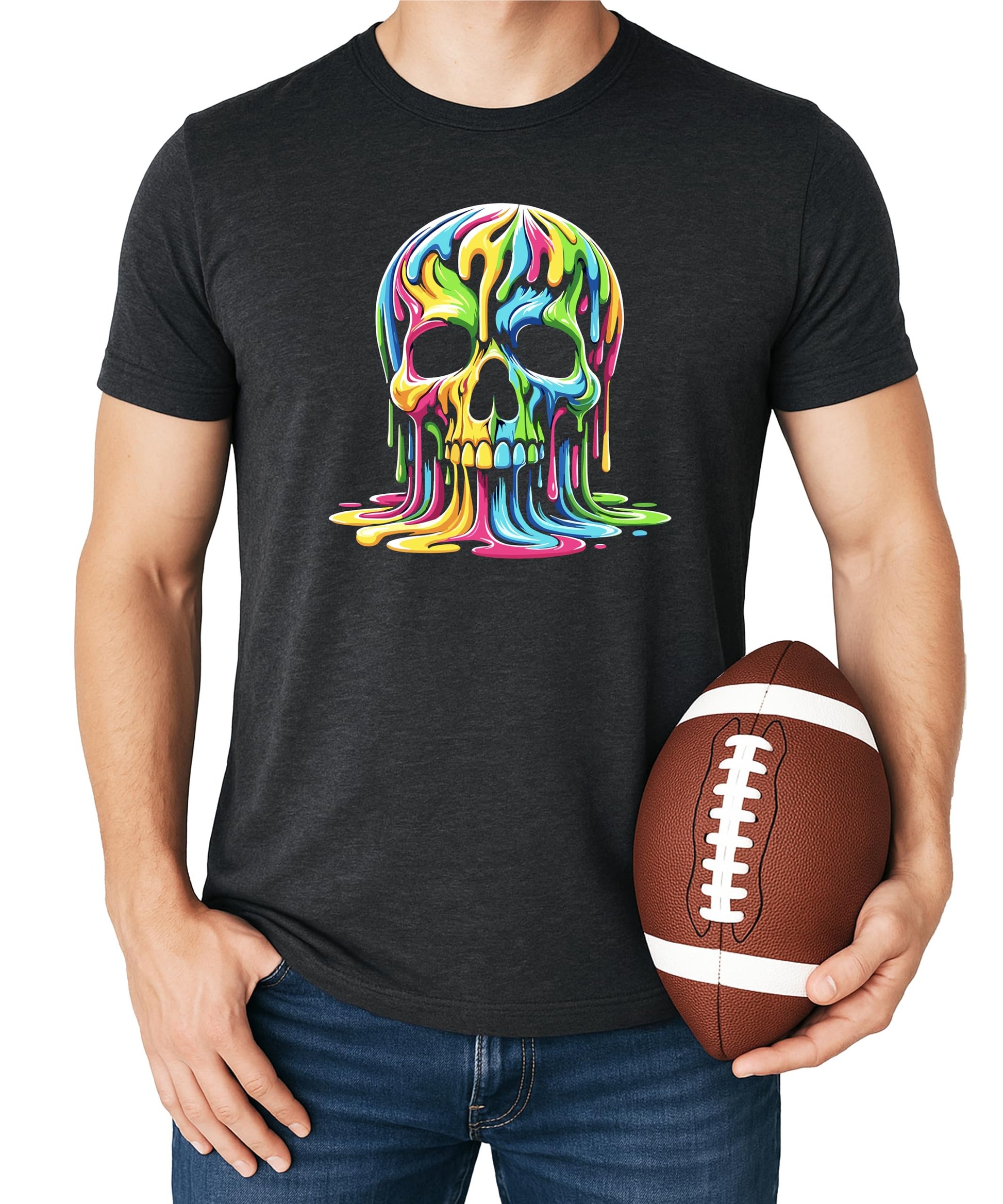 Side or alternate view of colorful melting skull men's graphic tee in black