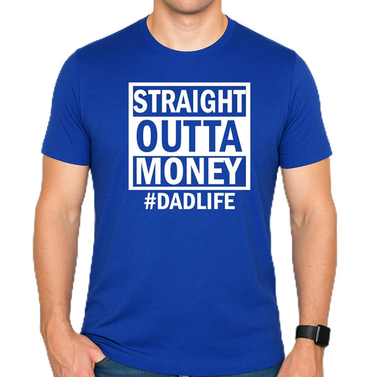 Close-up view of Straight Outta Money graphic design on royal blue men's t-shirt