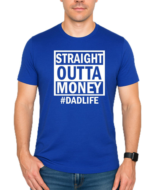 Close-up view of Straight Outta Money graphic design on royal blue men's t-shirt