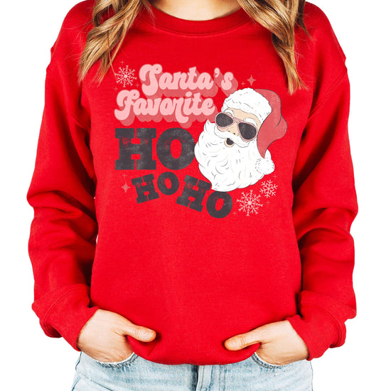 Flat lay of gray women's Christmas sweatshirt featuring Santa's Favorite Ho Ho Ho retro graphic