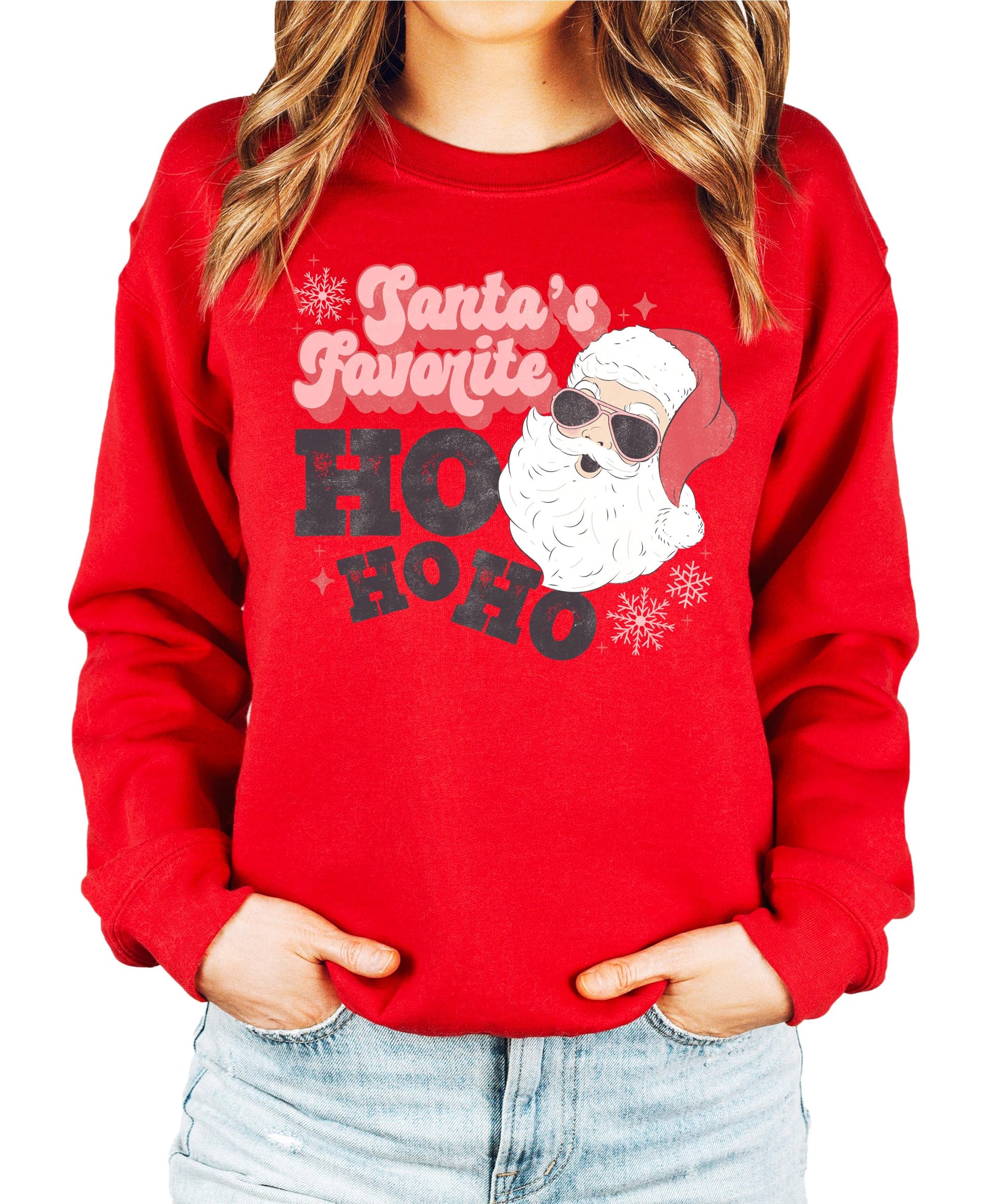 Flat lay of gray women's Christmas sweatshirt featuring Santa's Favorite Ho Ho Ho retro graphic