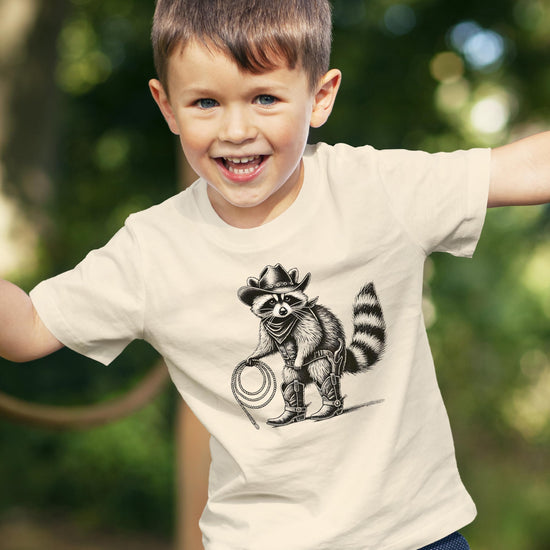 Boys and girls unisex natural cotton tee with funny raccoon cowboy vintage western graphic