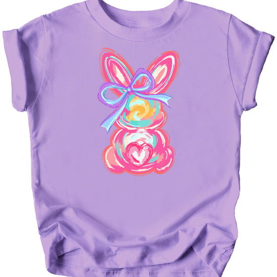 Front view of kids Easter bunny graphic shirt with colorful painted bunny and bow design