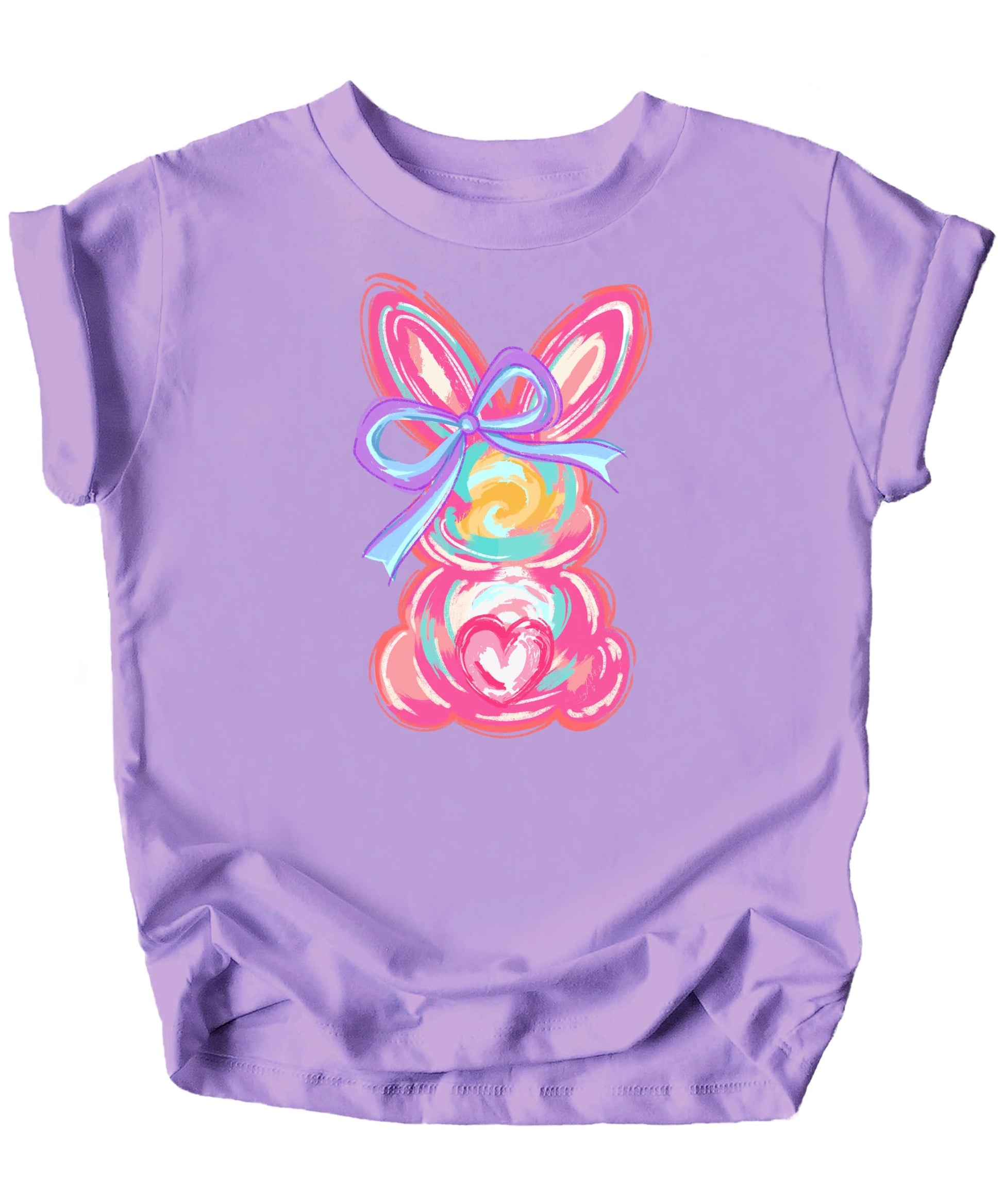 Front view of kids Easter bunny graphic shirt with colorful painted bunny and bow design