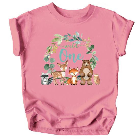 Baby wearing Wild One woodland animals first birthday shirt milestone outfit