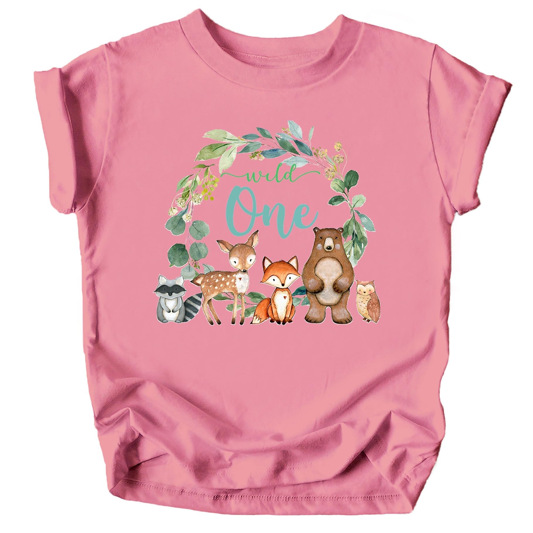 Baby wearing Wild One woodland animals first birthday shirt milestone outfit