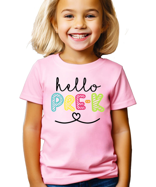 Close-up of Hello Pre-K colorful graphic print on a soft pink toddler shirt