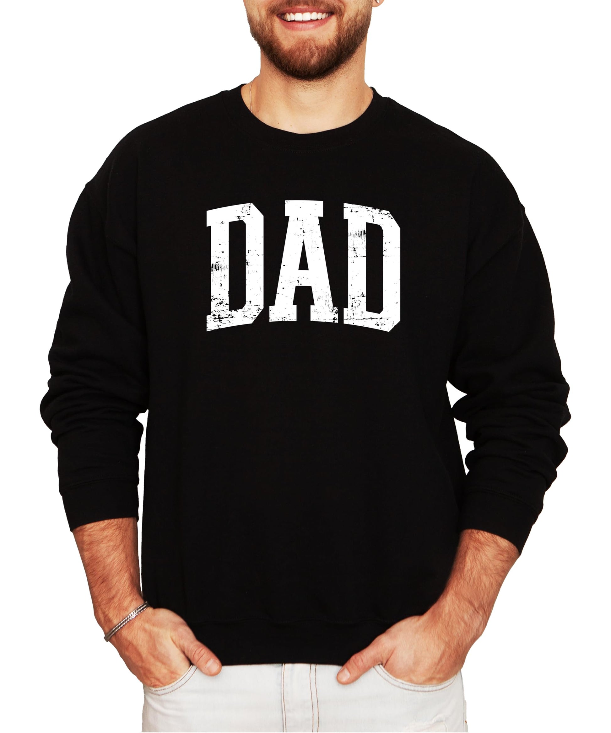 Close-up of distressed DAD graphic print on a gray men's crewneck sweatshirt