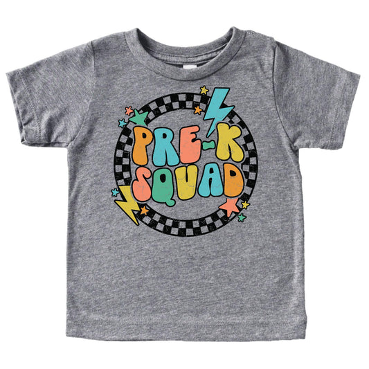 Purple kids t-shirt with retro groovy lightning bolt Pre-K Squad first day of school graphic print