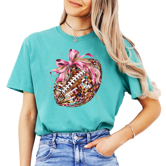 Disco Football Coquette Bow Shirt for Women and Teens Girly Fall Football Season Oversized Tee