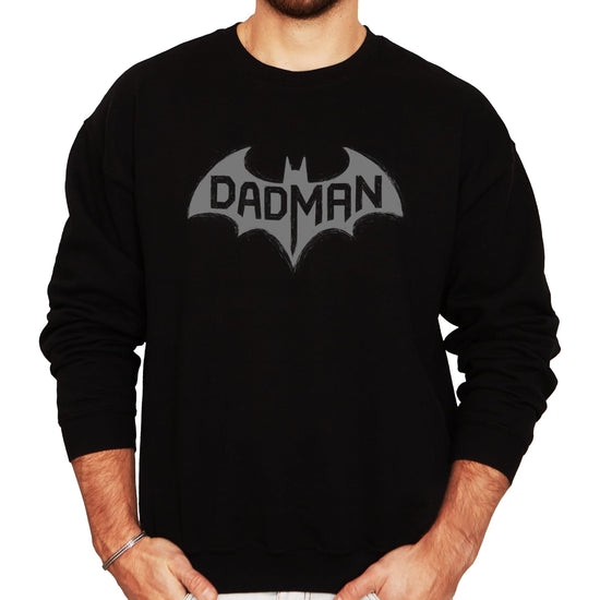 Front view of DadMan Hero funny dad graphic sweatshirt in white with bat design
