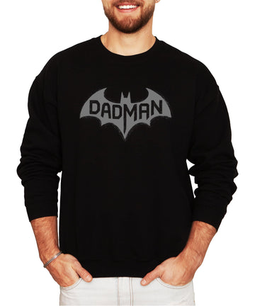 Front view of DadMan Hero funny dad graphic sweatshirt in white with bat design