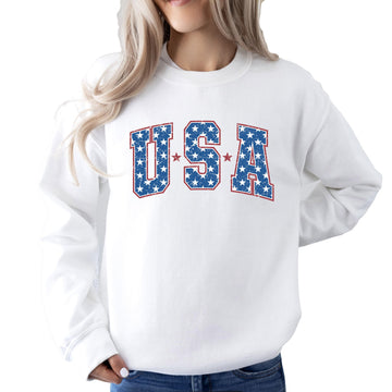 USA Stars Sweatshirt for Women, Teens, and Girls Retro American Pullover Sweater White Sweatshirt Youth Large