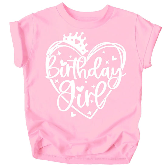 Close-up of princess crown birthday girl graphic on purple kids tee