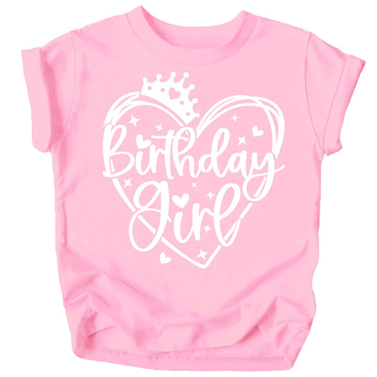 Close-up of princess crown birthday girl graphic on purple kids tee