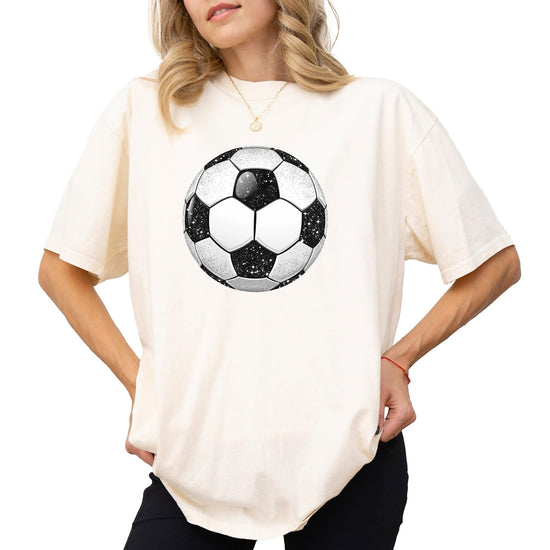 Faux glitter soccer ball graphic shirt showing print quality and design details