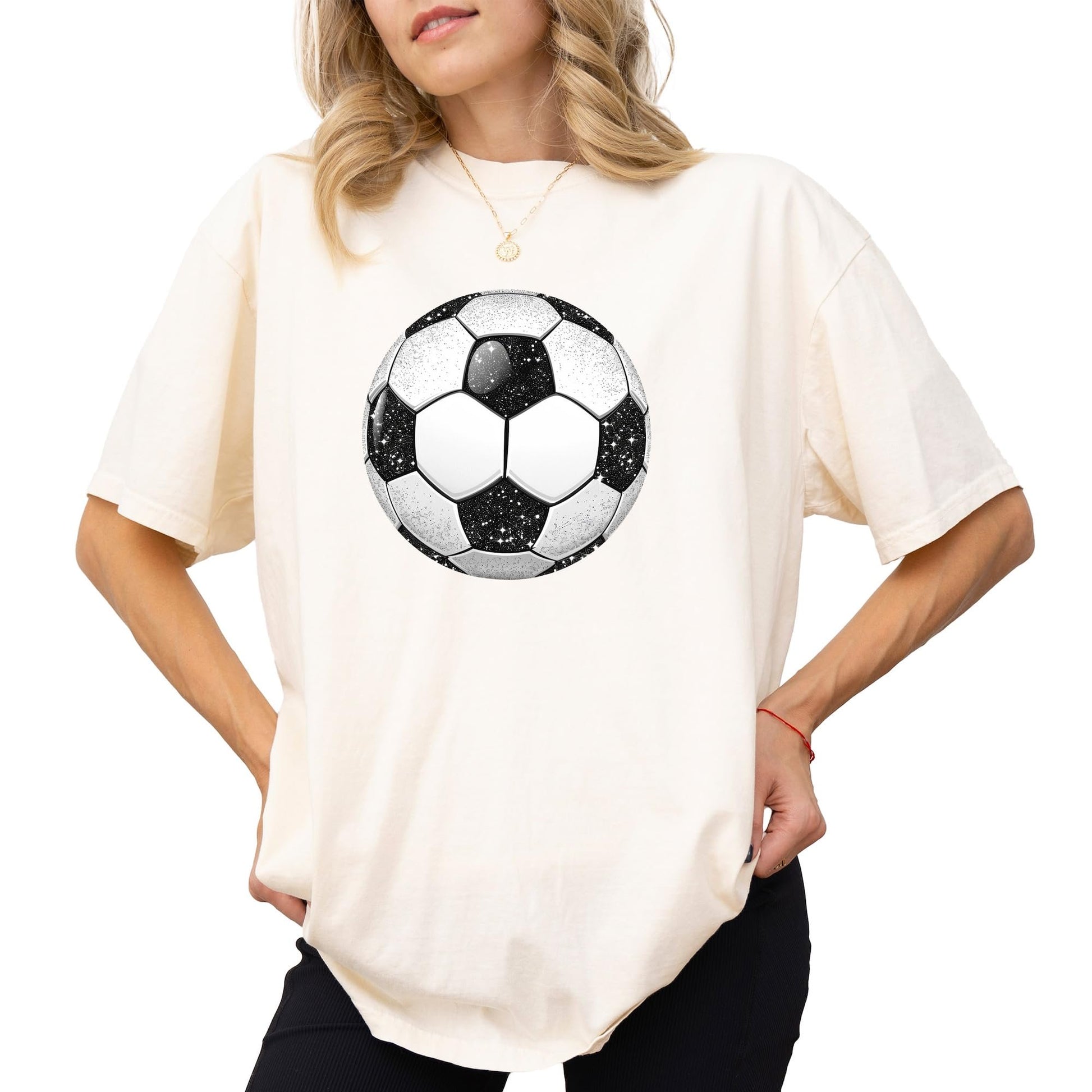 Faux glitter soccer ball graphic shirt showing print quality and design details