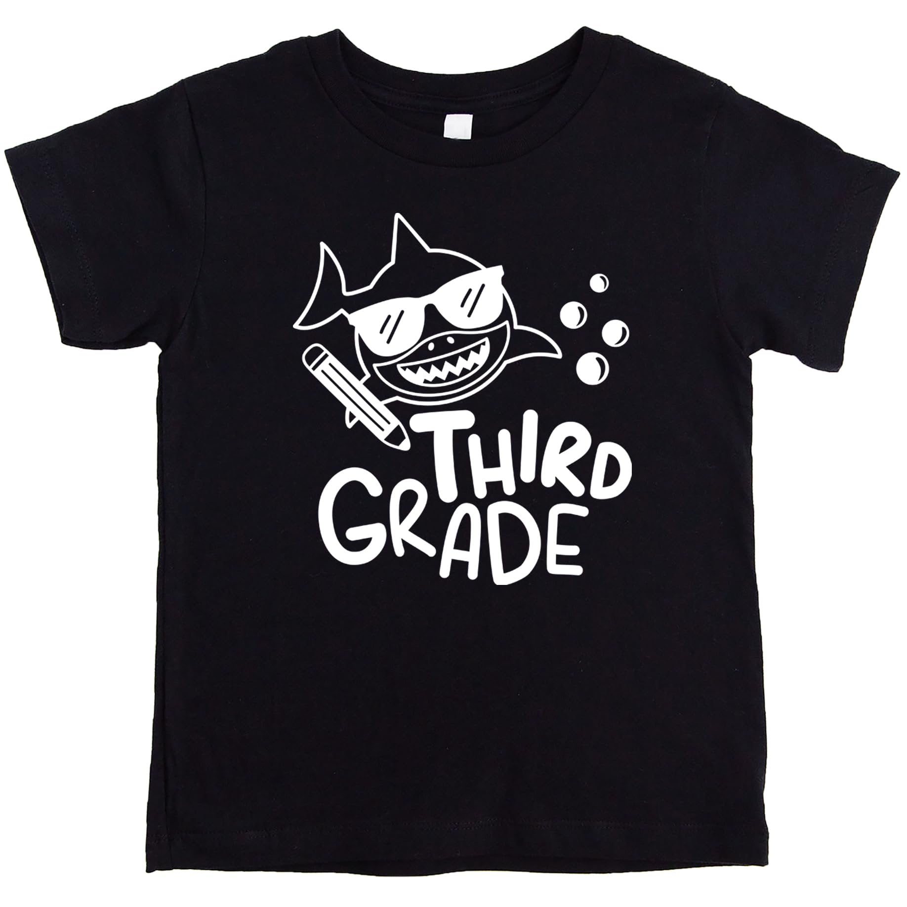 Close-up of vintage shark graphic print on blue boys back to school shirt