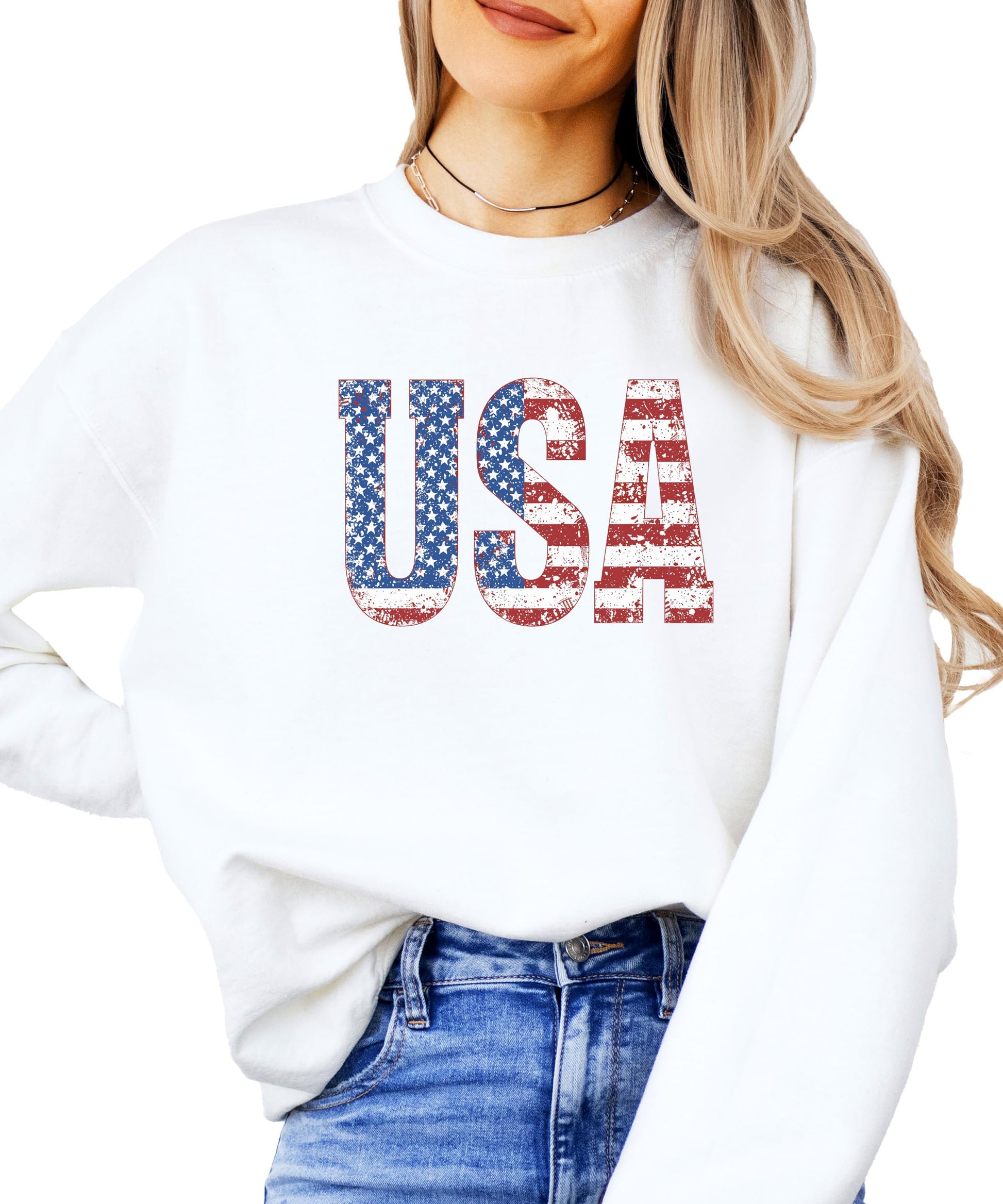 Distressed American flag crewneck sweatshirt detail shot showing print texture