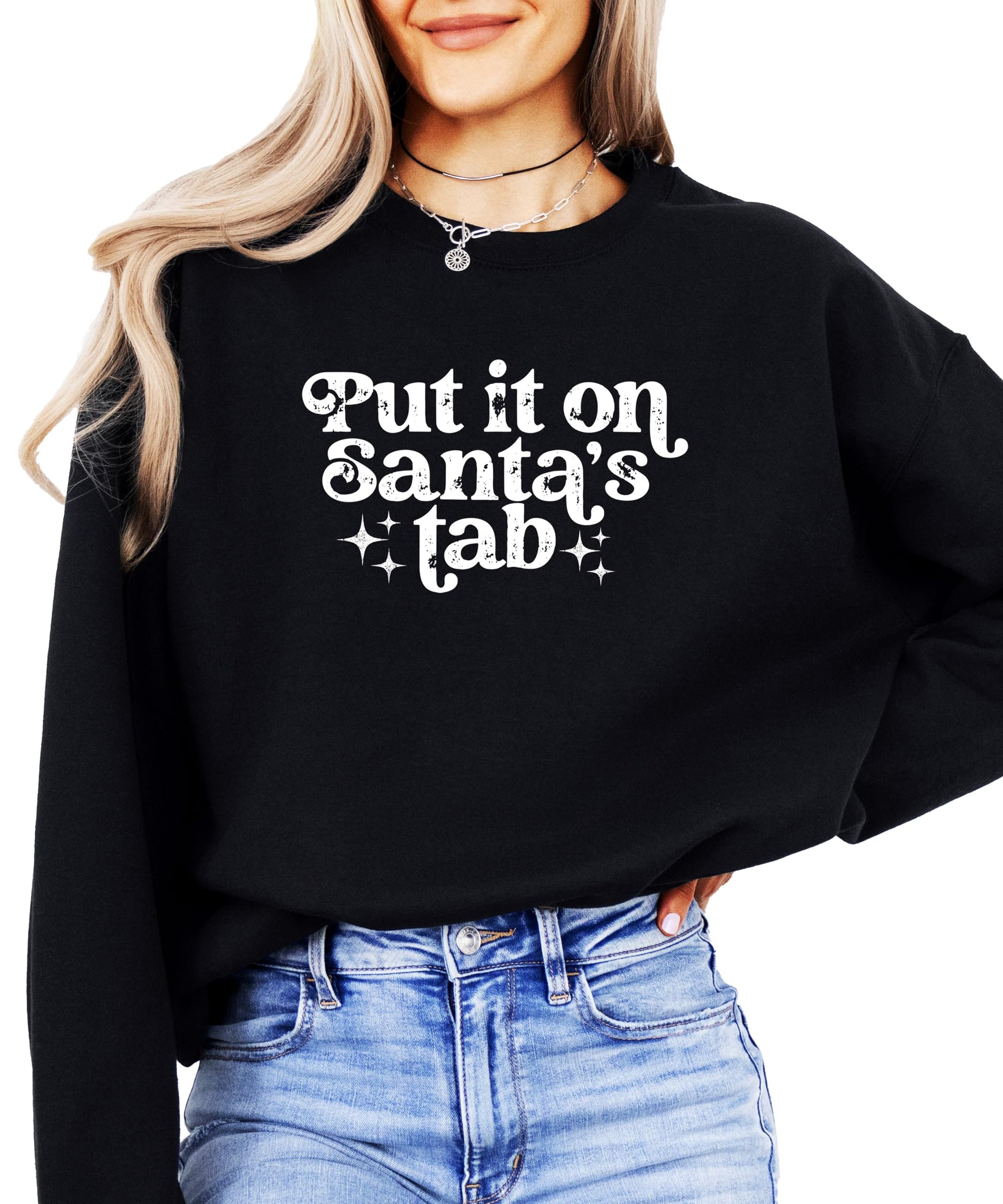 Back or lifestyle view of women's red holiday graphic sweatshirt with Santa humor design